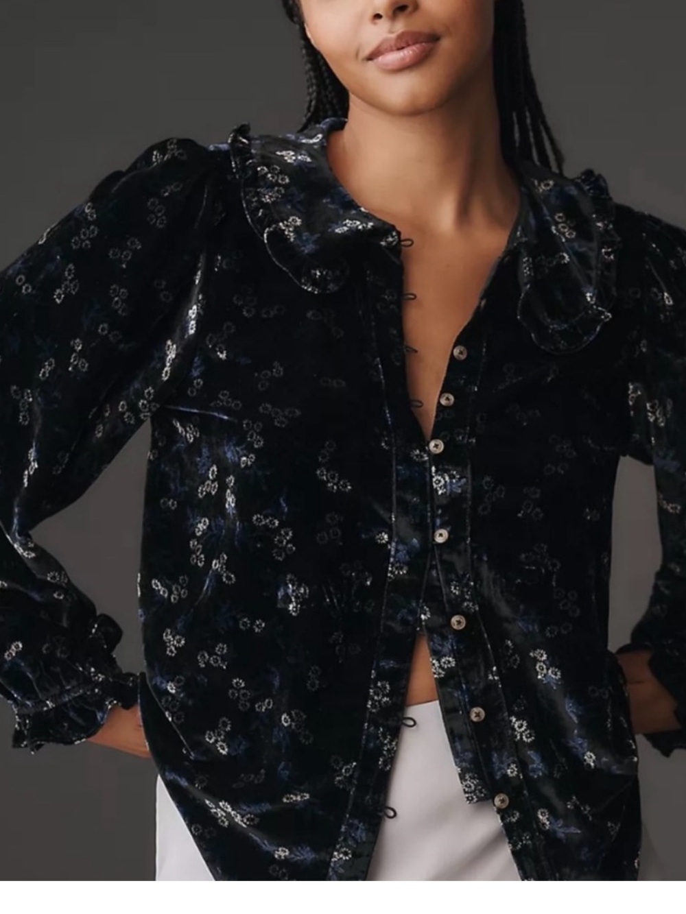 KEIRA COLLARED BUTTON-FRONT BLOUSE BY PILCRO: LONG-SLEEVE VELVET EDITION
